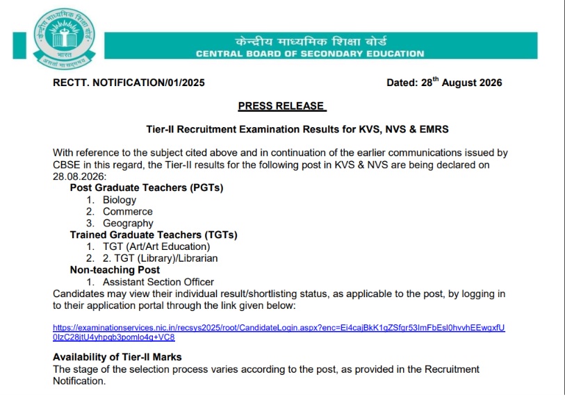 KVS and NVS Tier-II Results 2026: Results Declared for PGT, TGT and ASO Posts