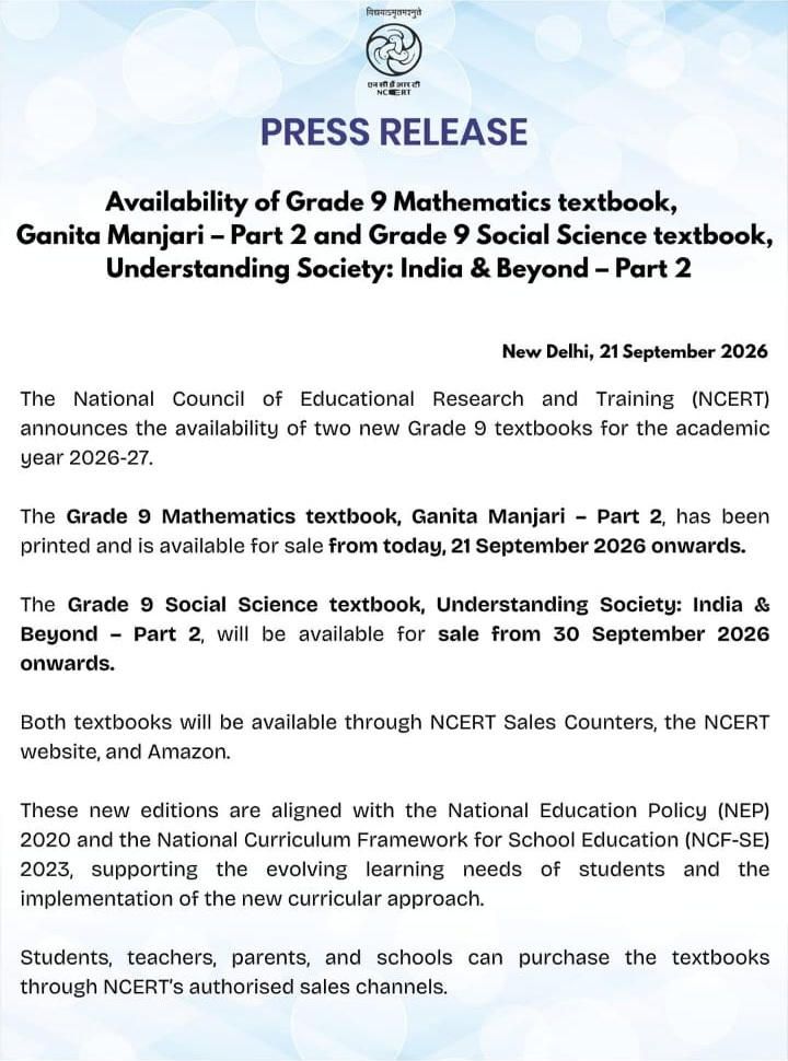 NCERT Releases New Grade 9 Mathematics Textbook; Social Science Part 2 to Follow Soon