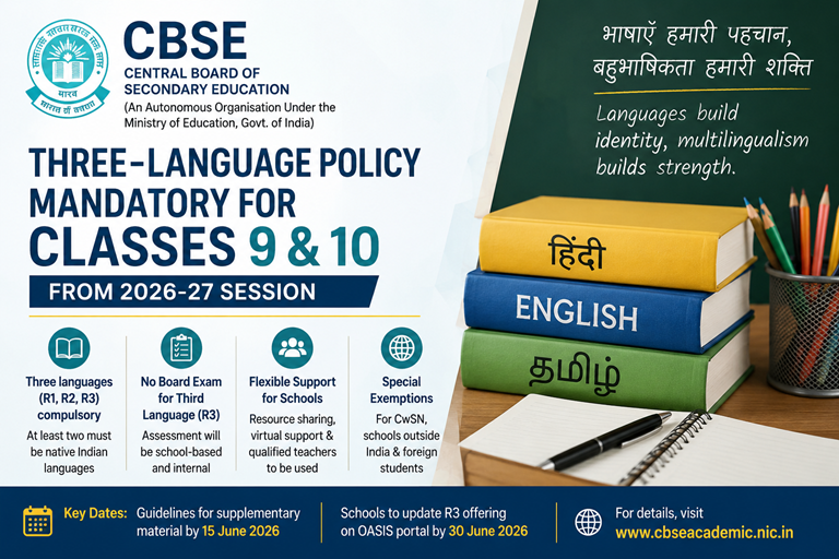 CBSE Introduces Mandatory Three-Language Policy for Classes IX and X from 2026-27
