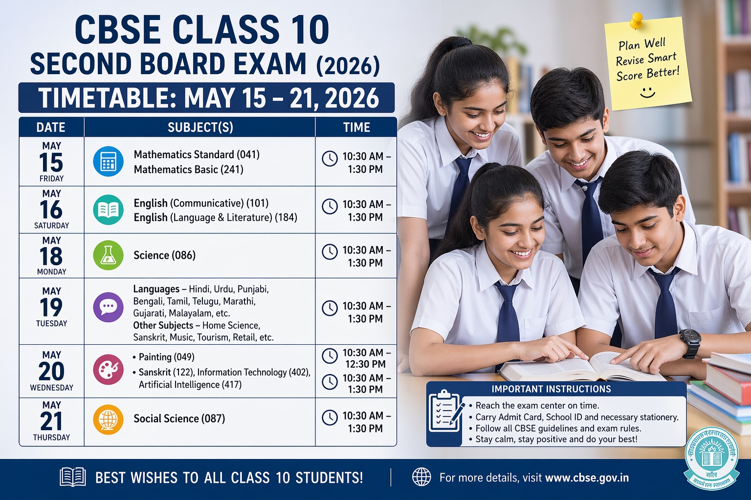 CBSE Releases Official Timetable for Class 10 Second Board Examinations 2026
